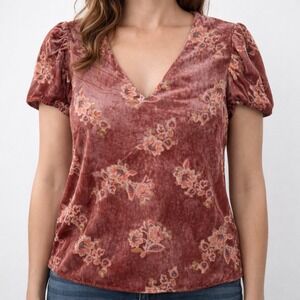 Retrology Women's M Mauve Pink Velvet Floral V-Neck Short Sleeve Blouse Top